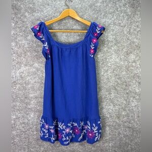 LOFT Dress Womens Medium Blue Embroidered Floral Linen Blend Ruffle Hem Boho